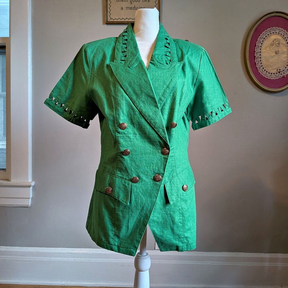 Vintage 90s Louise Paris Green Blazer Cut Out Jacket Shoulder Pads Size 9/10